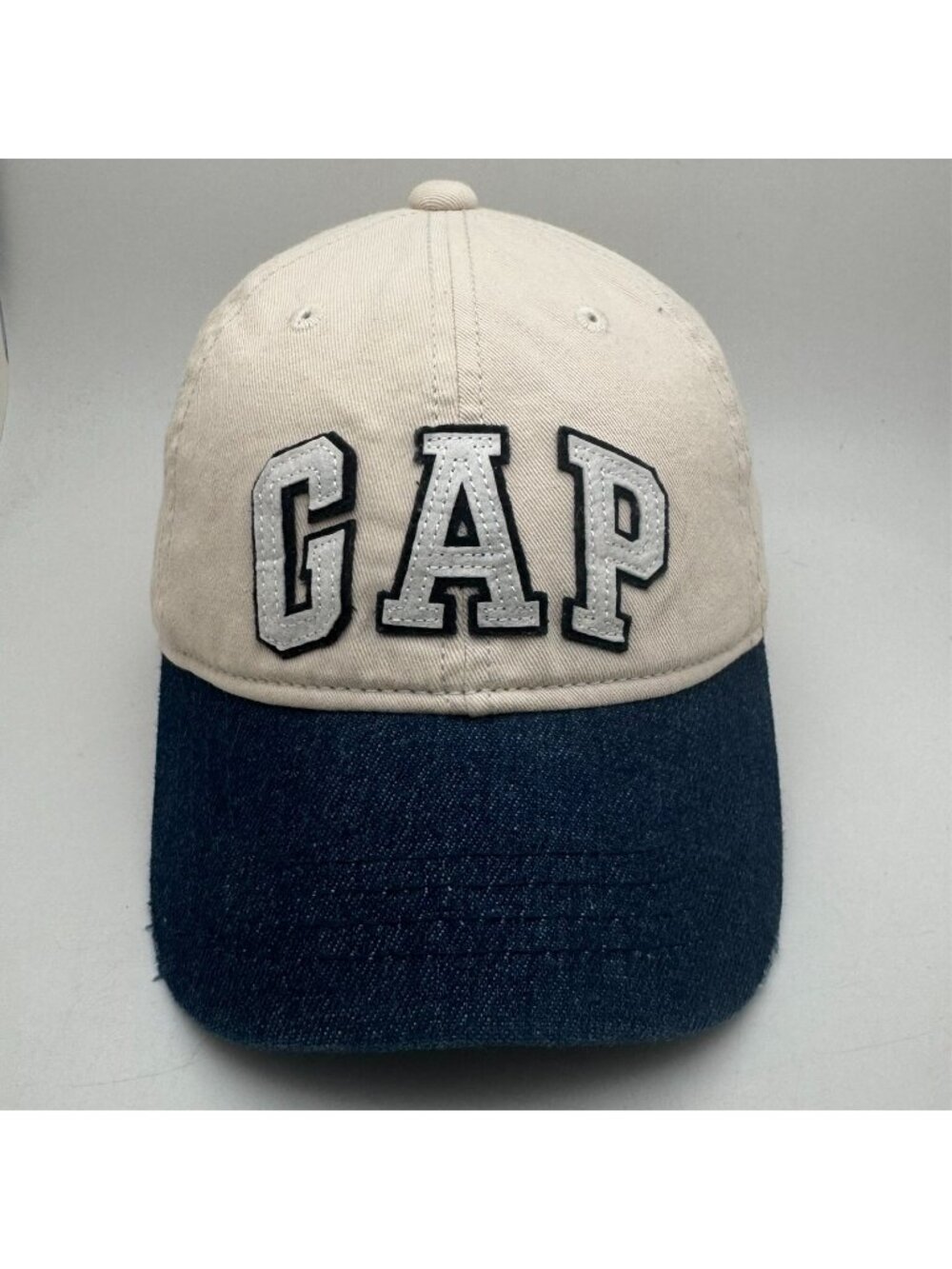 GAP Hat Cap L XL Cream Navy Blue Denim Brim Big Logo Adjustable Strapback
